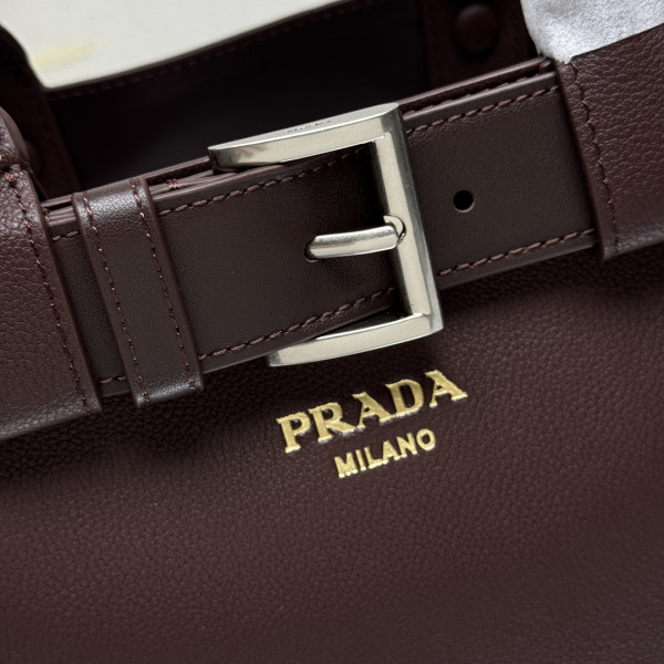 Pra*a buckle large leather handbag with belt-32*23*11cm