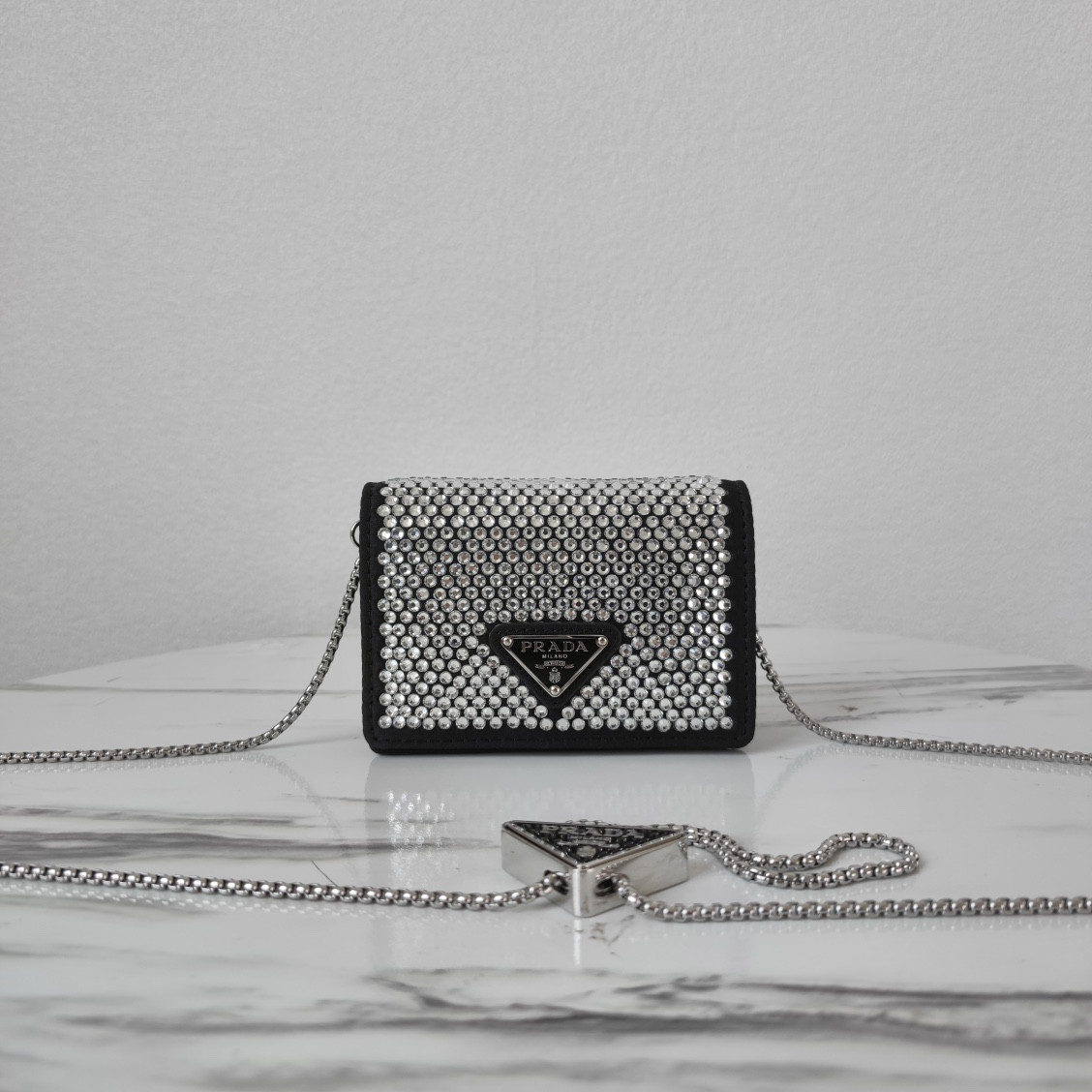 Pra*a cardholder with shoulder strap and crystals