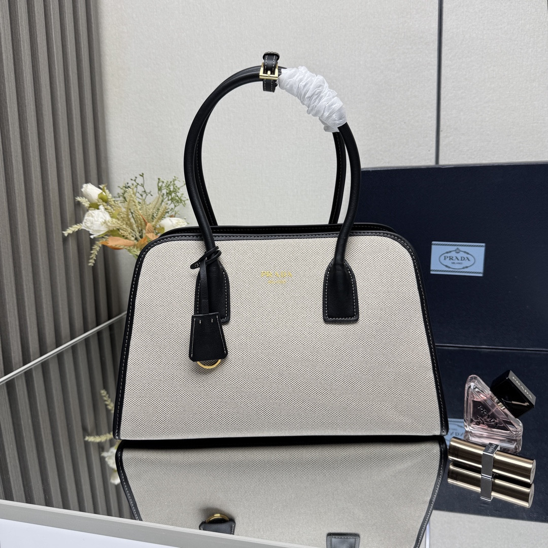 Pra*a medium linen blend and leather tote bag - 35*22.5*18cm